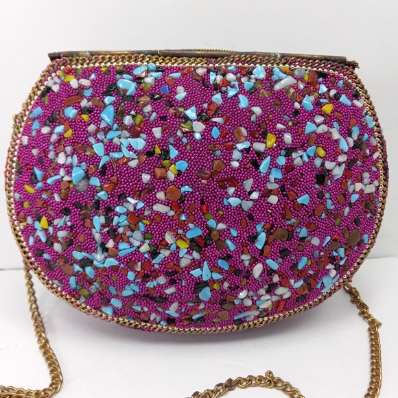 VINTAGE Handmade INDIAN Stones & Beads Mosaic Over Metal Top Flap Crossbody EUC - Picture 10 of 15